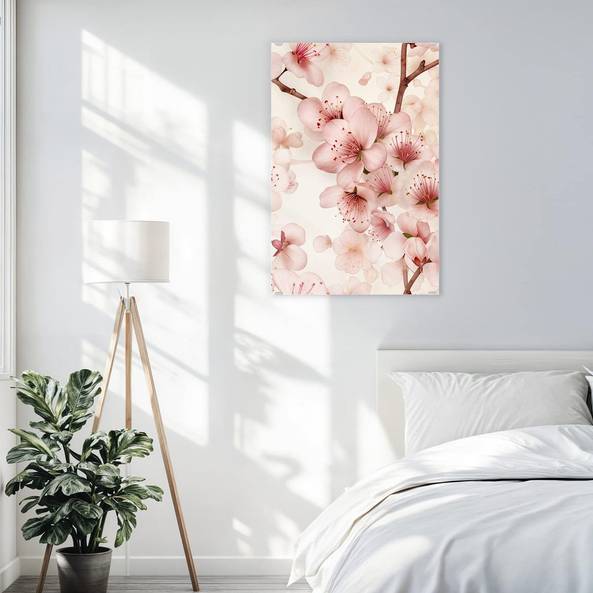 Glasbild Kirschblüten auf Creme an der Wand – Zartrosa Kirschblüten mit braunen Zweigen auf cremefarbenem Grund.