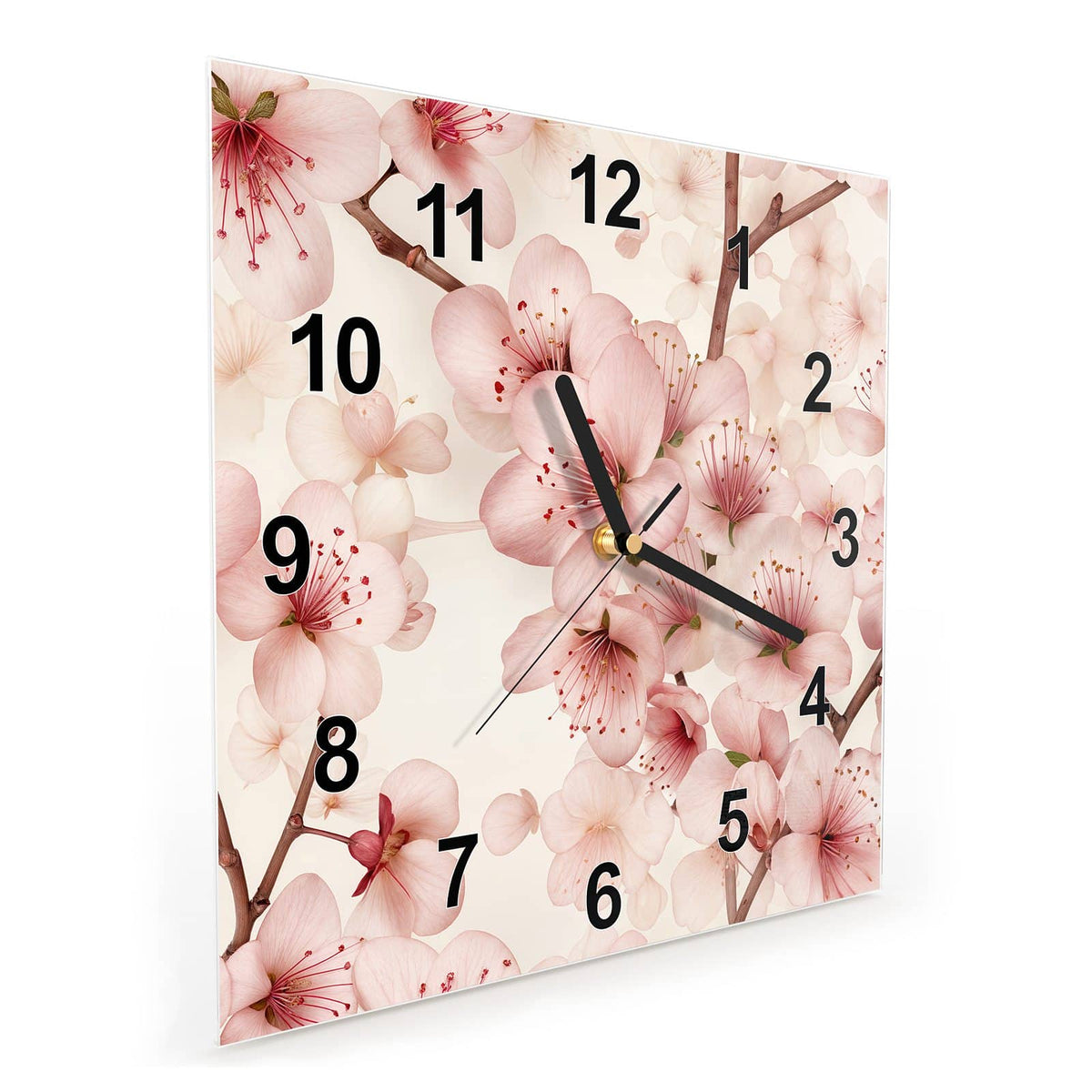 Vormontiert – mit Schwebeeffekt – Wanduhr Kirschblüten aus Glas – Quadratisch 30 × 30 cm