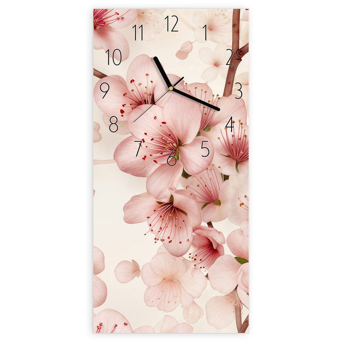 Wanduhr Kirschblüten aus Glas – Hochformat 30 × 60 cm mit Ziffernblatt Elegant