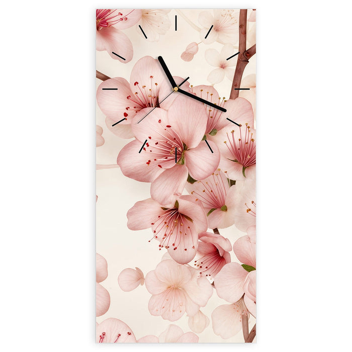 Wanduhr Kirschblüten aus Glas – Hochformat 30 × 60 cm mit Ziffernblatt Linie