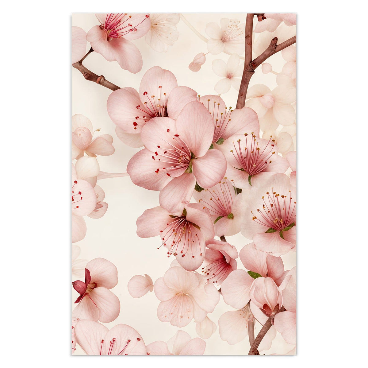 Zartrosa Kirschblüten mit braunen Zweigen auf cremefarbenem Grund.