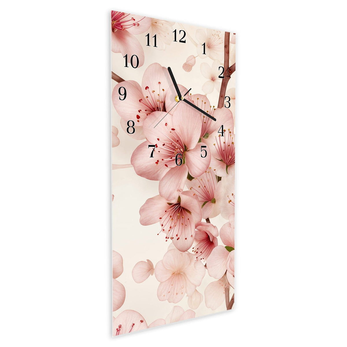 Vormontiert – mit Schwebeeffekt – Wanduhr Kirschblüten aus Glas – Hochformat 30 × 60 cm