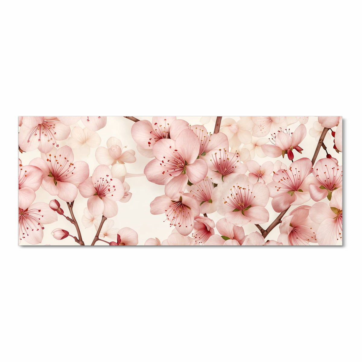 Zartrosa Kirschblüten mit braunen Zweigen auf cremefarbenem Grund.