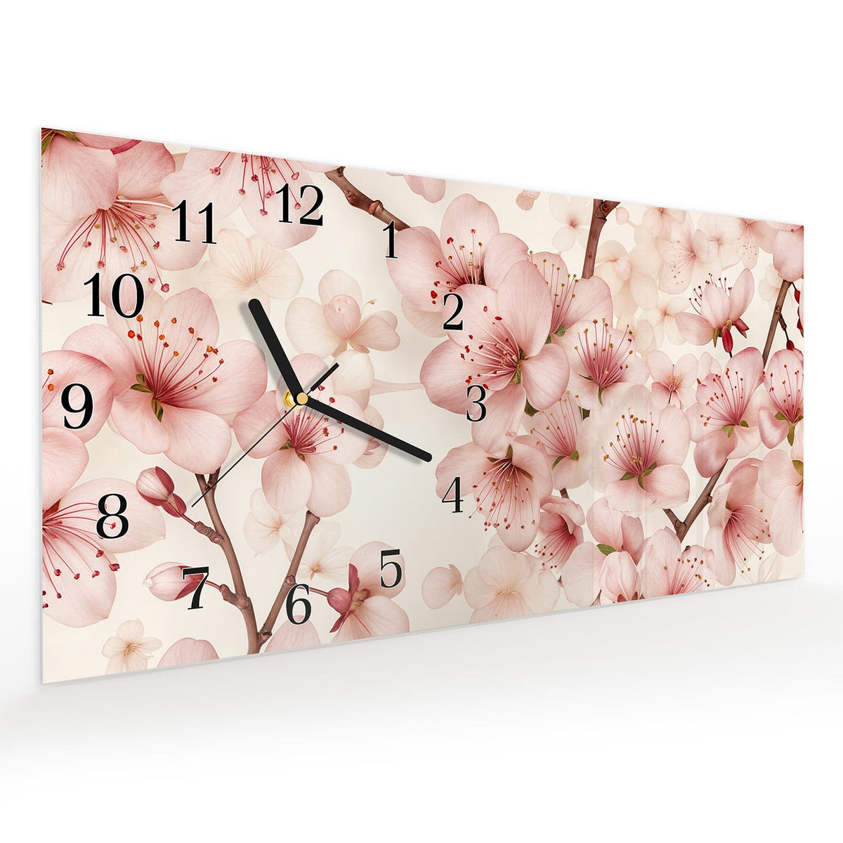 Vormontiert – mit Schwebeeffekt – Wanduhr Kirschblüten aus Glas – Querformat 60 × 30 cm