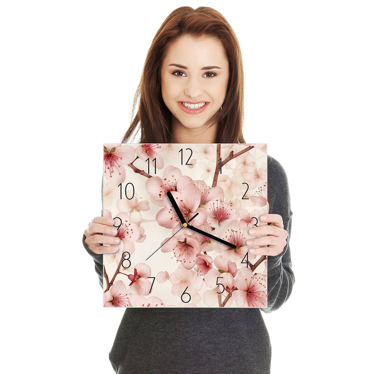 Moderne Wanduhr aus Glas mit Farbtiefe – Wanduhr Kirschblüten aus Glas – Quadratisch 30 × 30 cm