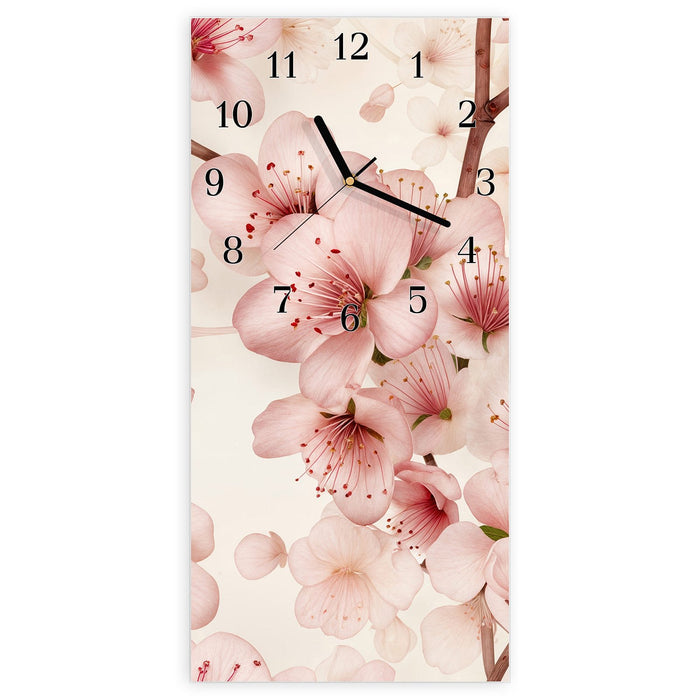 Wanduhr Kirschblüten aus Glas – Hochformat 30 × 60 cm mit Ziffernblatt Klassisch