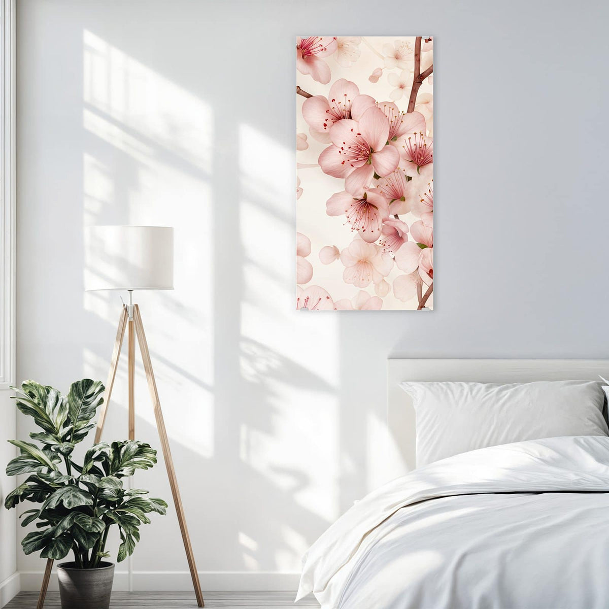 Glasbild Kirschblüten auf Creme an der Wand – Zartrosa Kirschblüten mit braunen Zweigen auf cremefarbenem Grund.