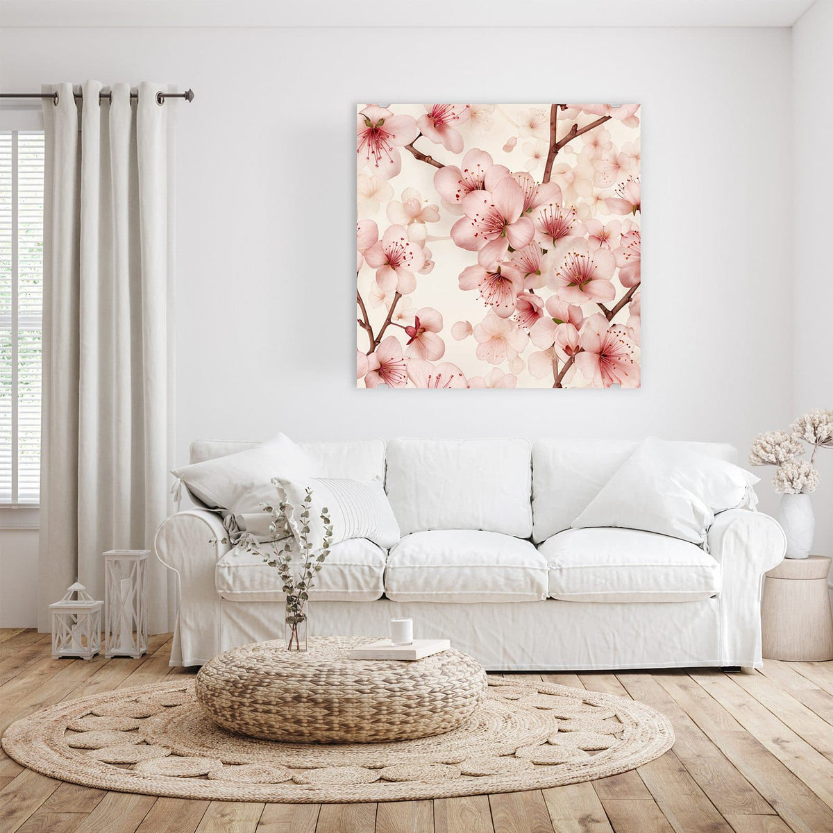 Glasbild Kirschblüten auf Creme an der Wand – Zartrosa Kirschblüten mit braunen Zweigen auf cremefarbenem Grund.
