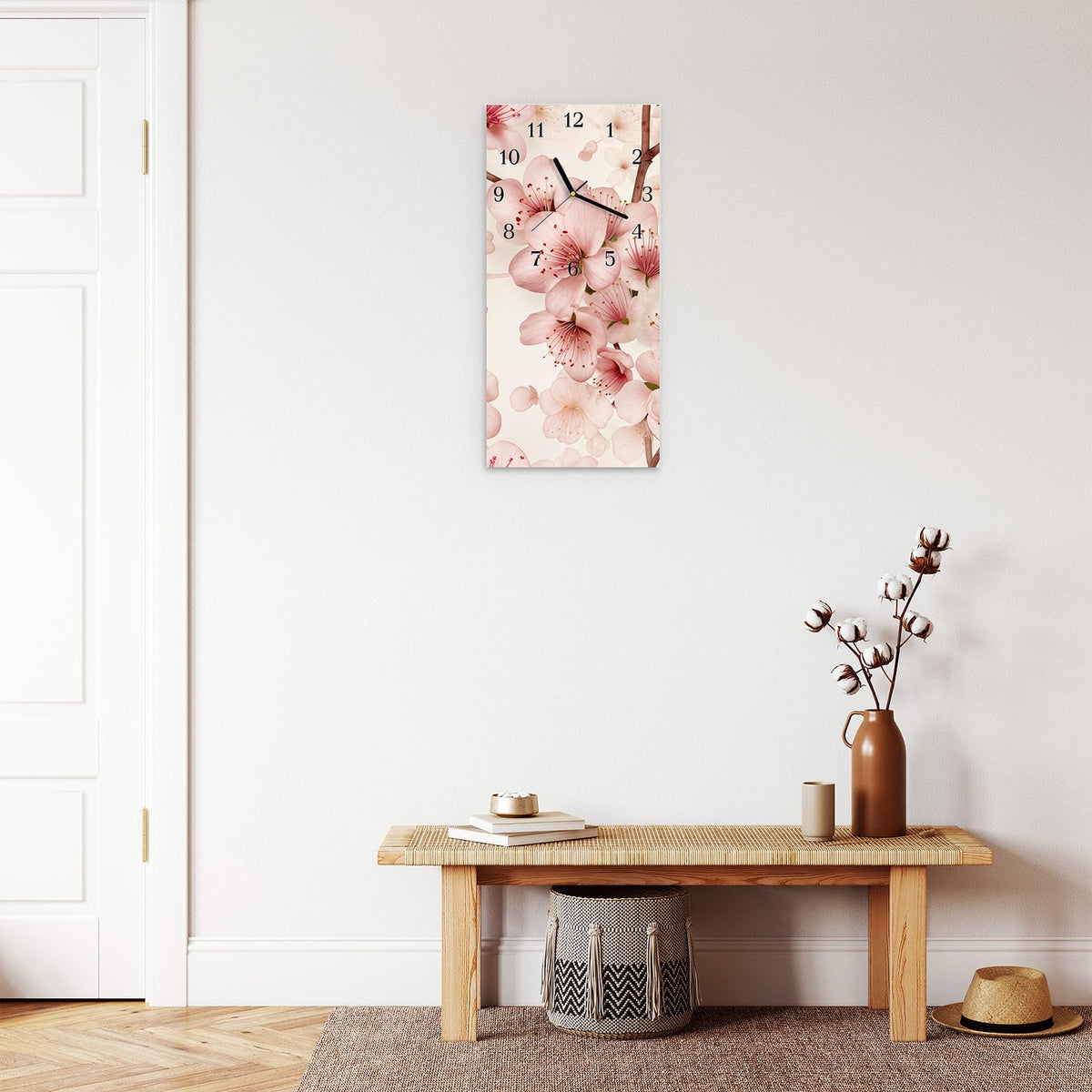 Moderne Wanduhr aus Glas mit Farbtiefe – Wanduhr Kirschblüten aus Glas – Hochformat 30 × 60 cm