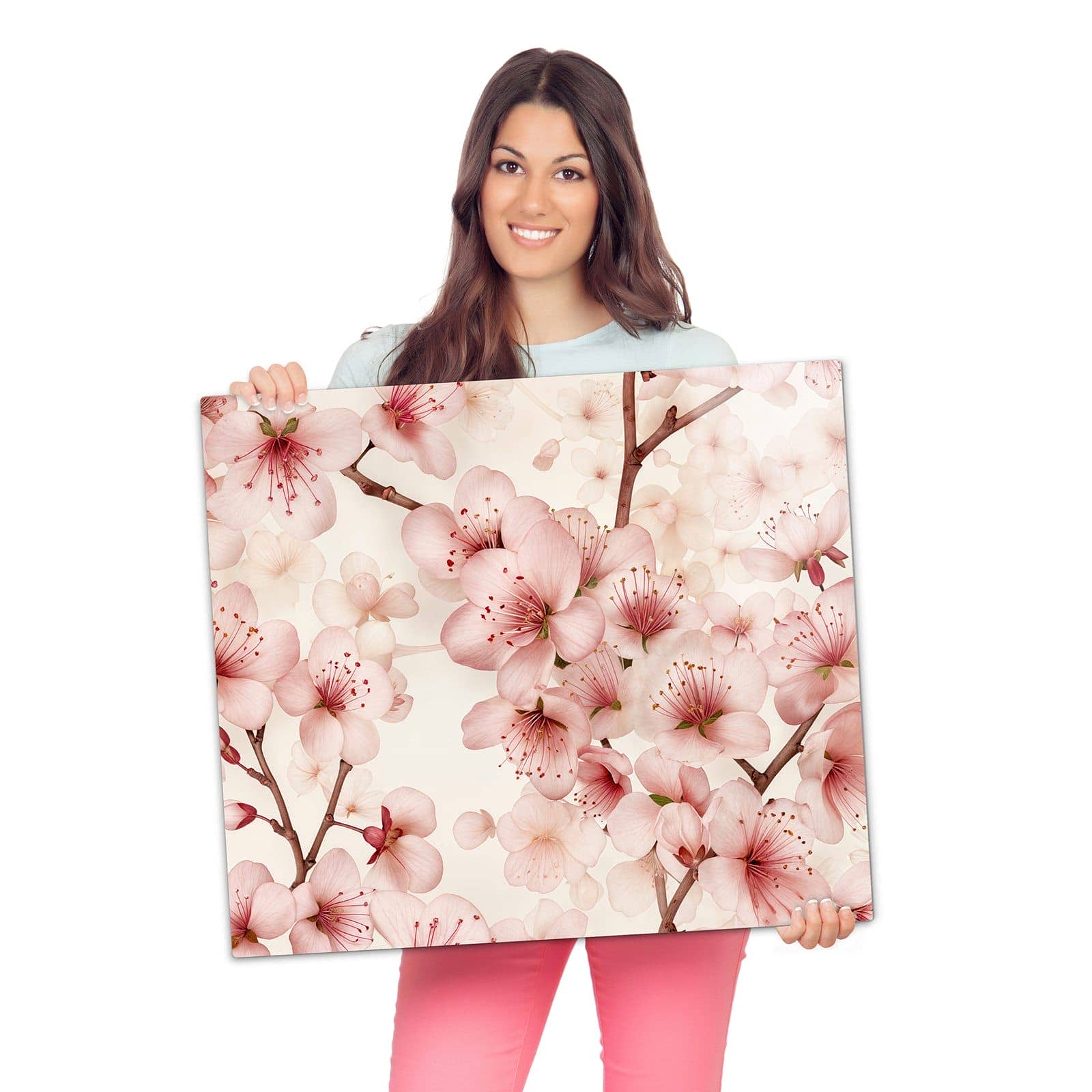 Herdabdeckplatte für Ceranfeld mit Kirschblüten-Motiv wird zur Größendarstellung gehalten