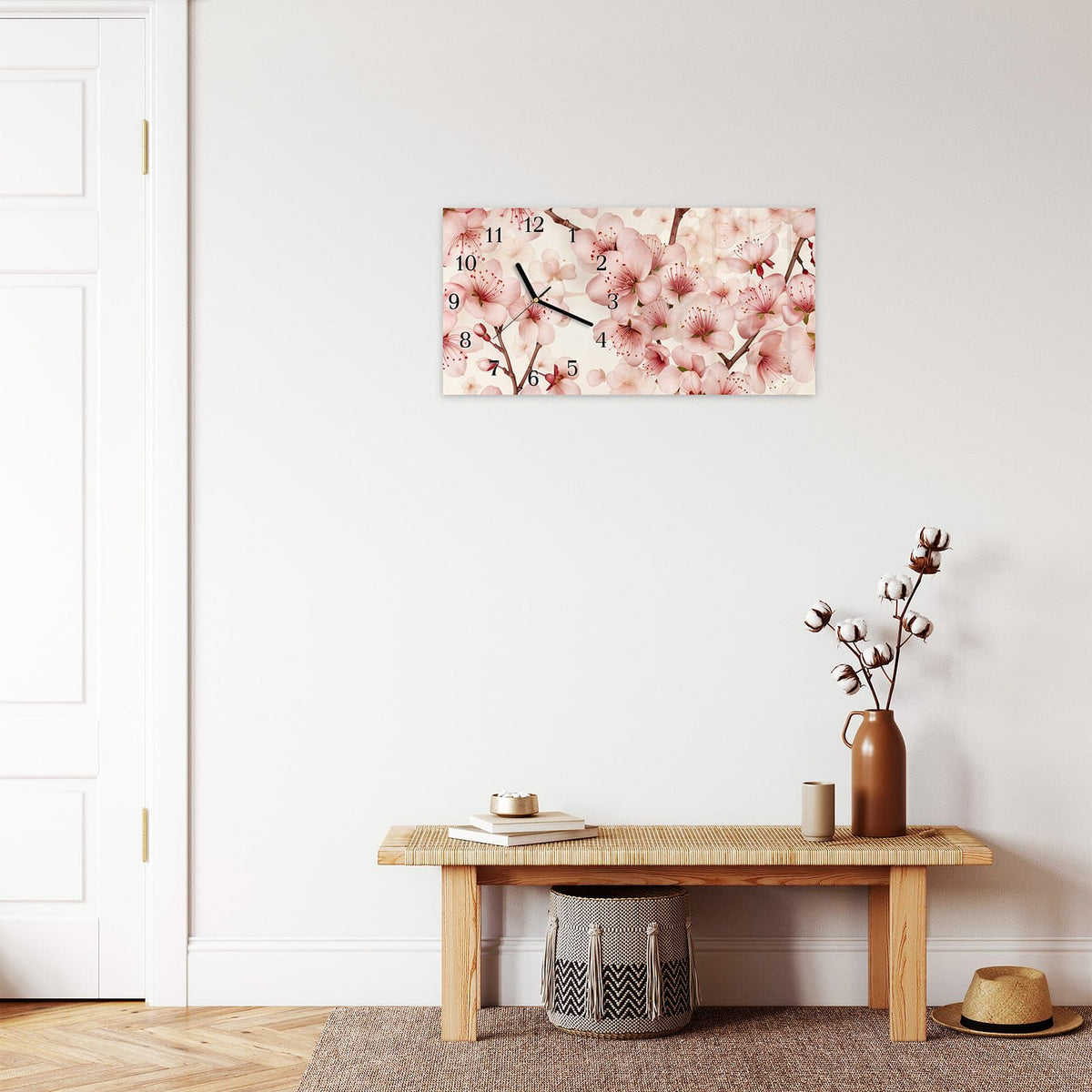 Moderne Wanduhr aus Glas mit Farbtiefe – Wanduhr Kirschblüten aus Glas – Querformat 60 × 30 cm