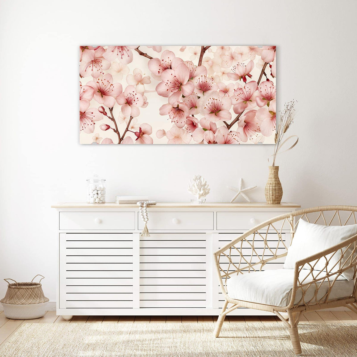 Echtglas, 4 mm – kein Acryl, keine Folie – Wandbild - Kirschblüten auf Creme - Querformat