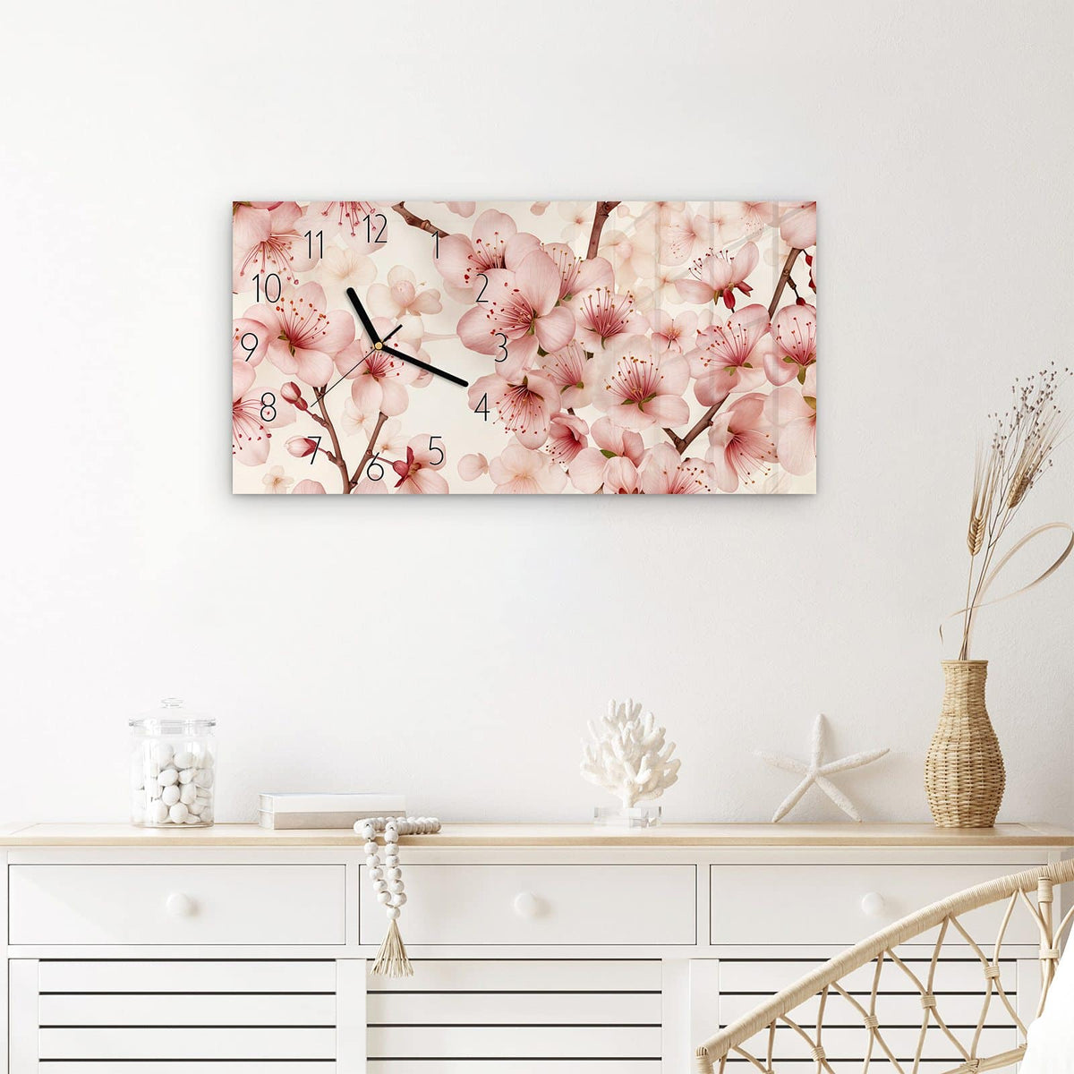 Wanduhr Kirschblüten aus Glas – Querformat 60 × 30 cm – Zarte Kirschblüten auf Cremegrund