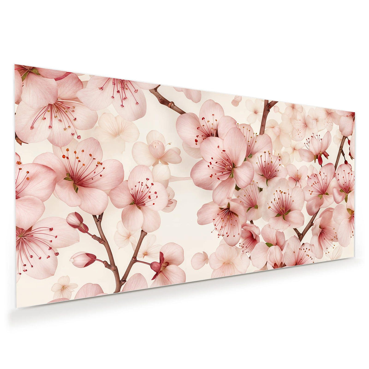 Zartrosa Kirschblüten mit braunen Zweigen auf cremefarbenem Grund.