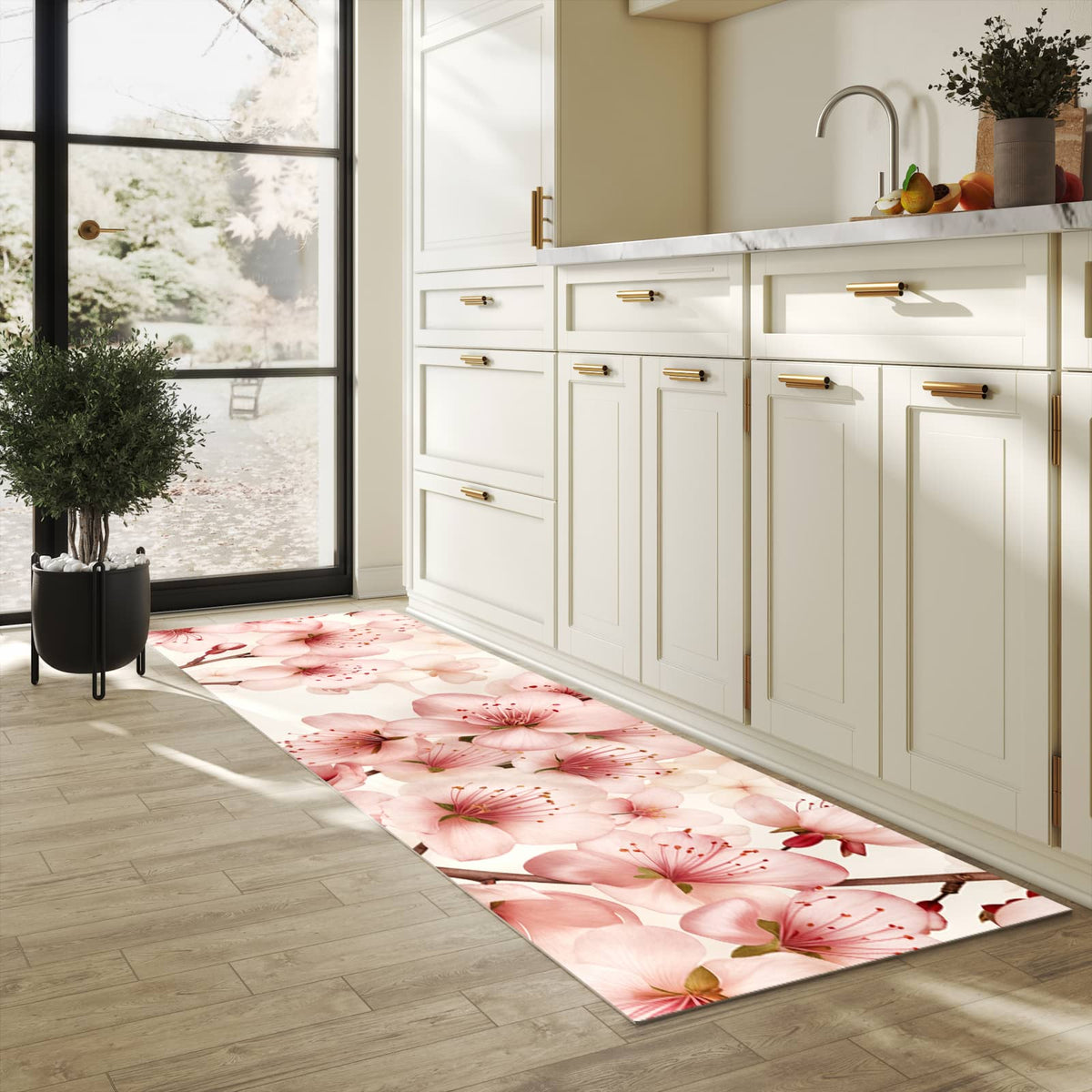 Schmutzabweisender Teppichläufer mit Motiv Kirschblüten in heller Küche