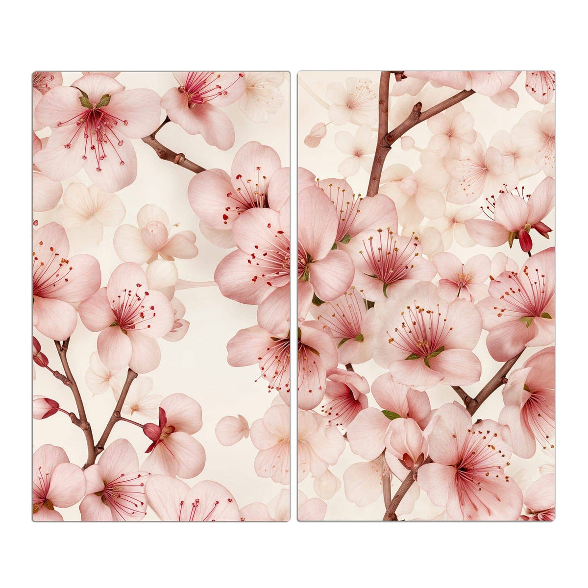 Zartrosa Kirschblüten mit braunen Zweigen auf cremefarbenem Grund.