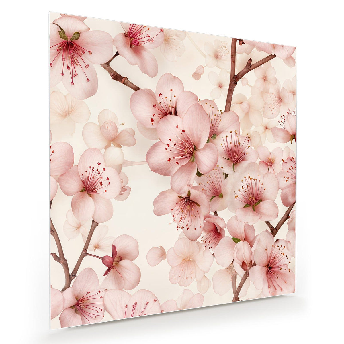 Zartrosa Kirschblüten mit braunen Zweigen auf cremefarbenem Grund.