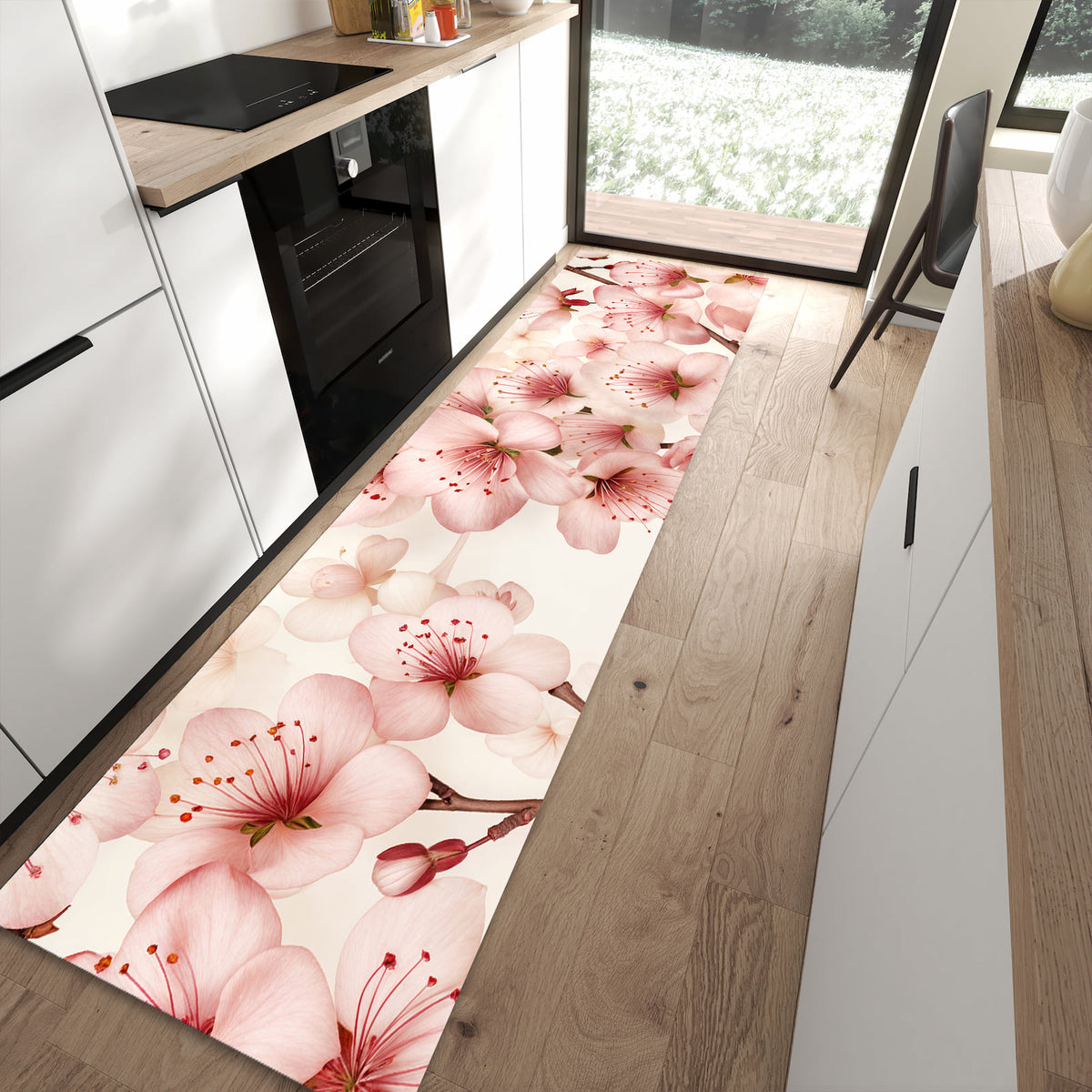 Formstabiler Küchenläufer mit Motiv Kirschblüten in moderner Küche