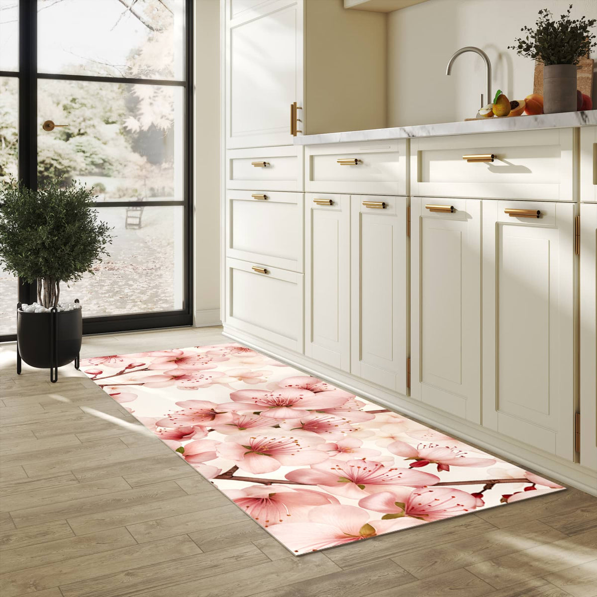 Flacher Küchenläufer mit Motiv Kirschblüten in heller Küche für lange Teppiche