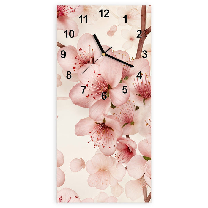 Wanduhr Kirschblüten aus Glas – Hochformat 30 × 60 cm mit Ziffernblatt Modern