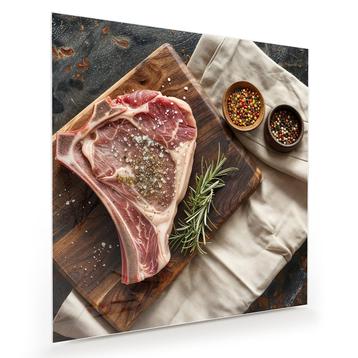 Rohes T-Bone-Steak auf dunklem Holzbrett, Rosmarin und zwei Schälchen Pfefferkörner auf Leinentuch