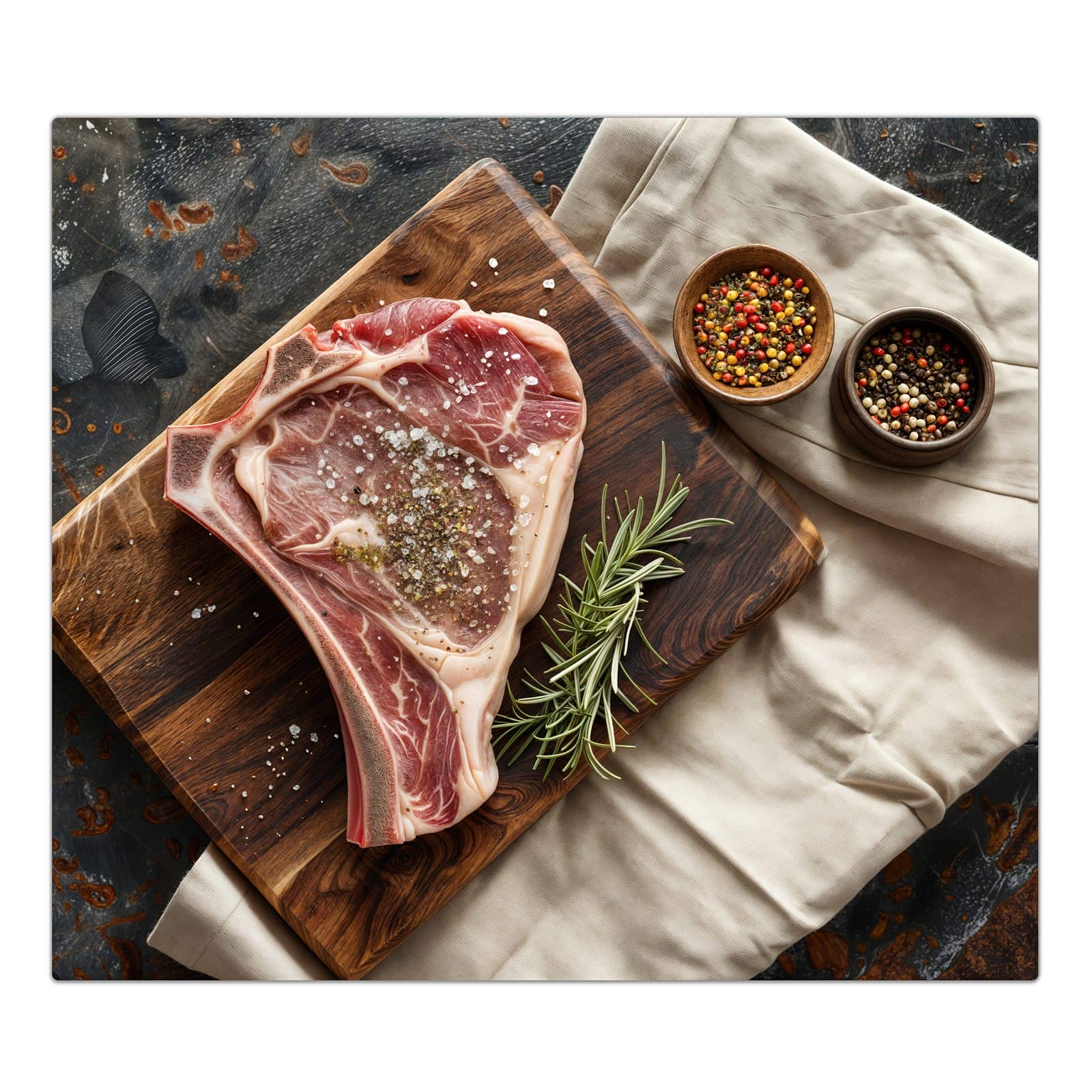 1-teilige Herdabdeckplatte für Ceranfeld mit Steakauf Holzbrett-Motiv in der Frontansicht #grösse_1-Teilig (60x52cm)