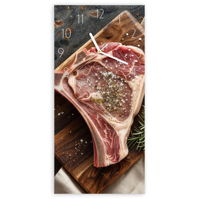 Wanduhr Steakauf Holzbrett aus Glas – Hochformat 30 × 60 cm mit Ziffernblatt Elegant