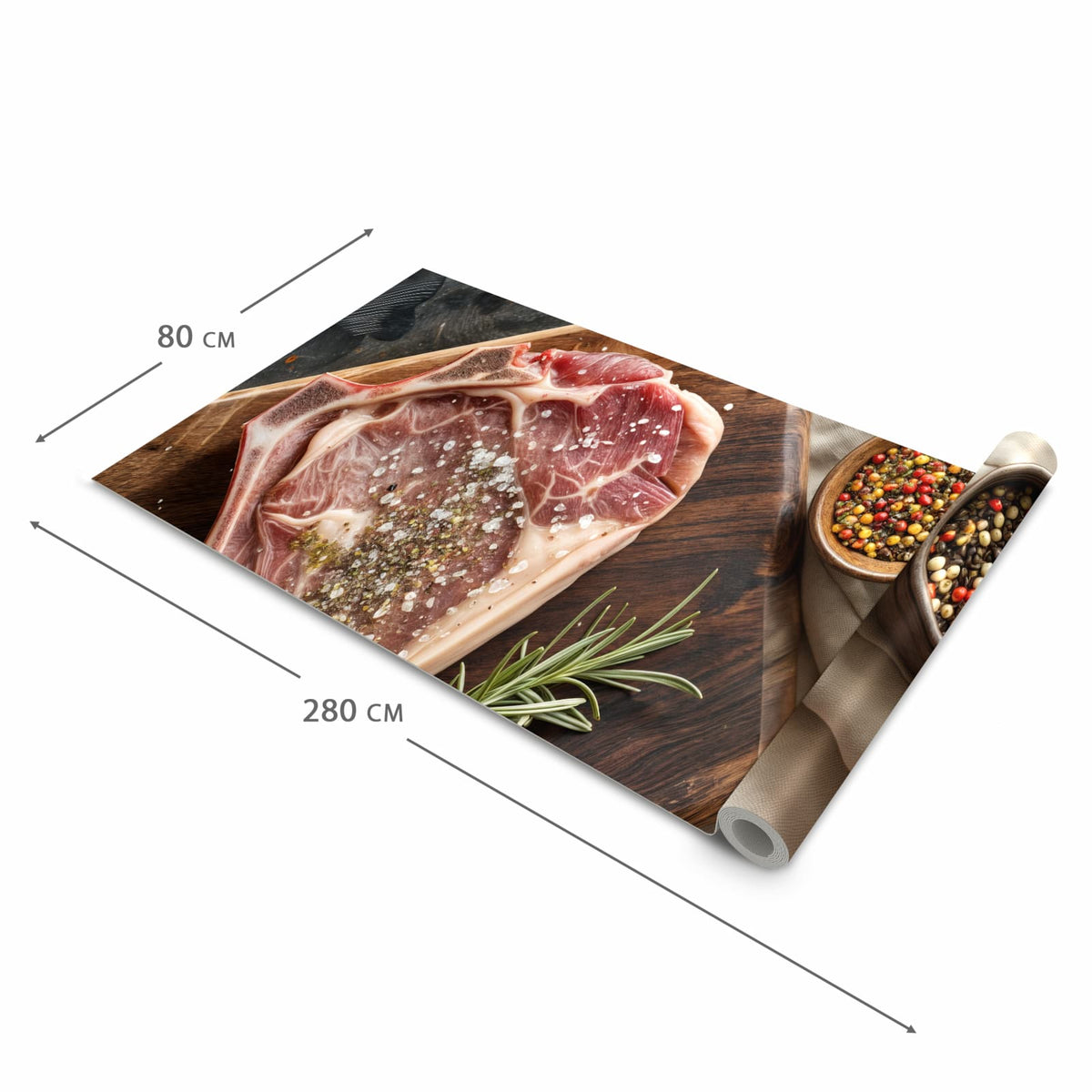 Pflegeleichter Läufer Eingangsbereich mit Motiv Steakauf Holzbrett in der Größe 80x250 cm