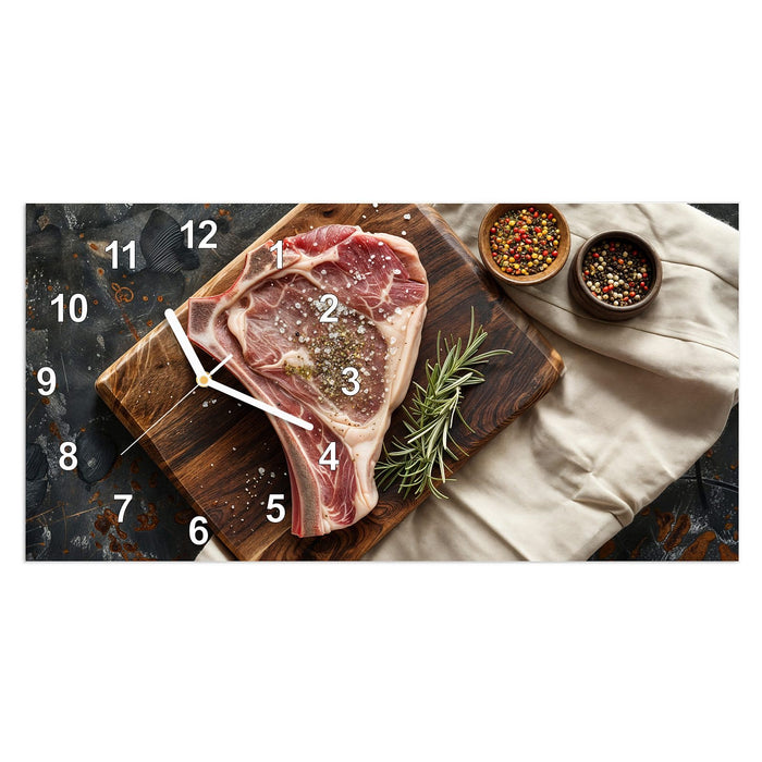 Wanduhr Steakauf Holzbrett aus Glas – Querformat 60 × 30 cm mit Ziffernblatt Modern