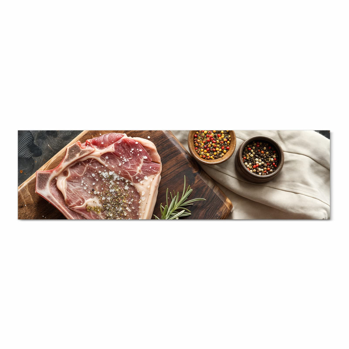 Waschbarer Teppich für Esstisch mit Motiv Steakauf Holzbrett in Frontansicht sicher aufbewahrt