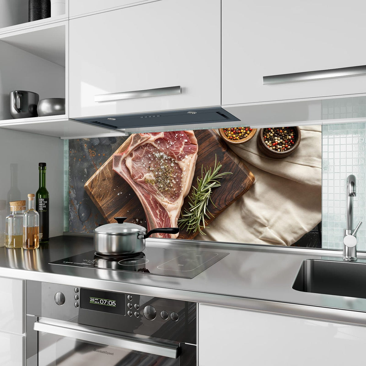 Küchenrückwand aus Glas Rohes Steak auf Holz im Hochformat als Spritzschutz hinter dem Kochfeld, über dem Fliesenspiegel montiert