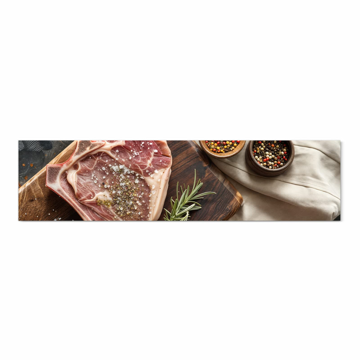 Bodenschonender rutschfester Läufer mit Motiv Steakauf Holzbrett in Frontansicht