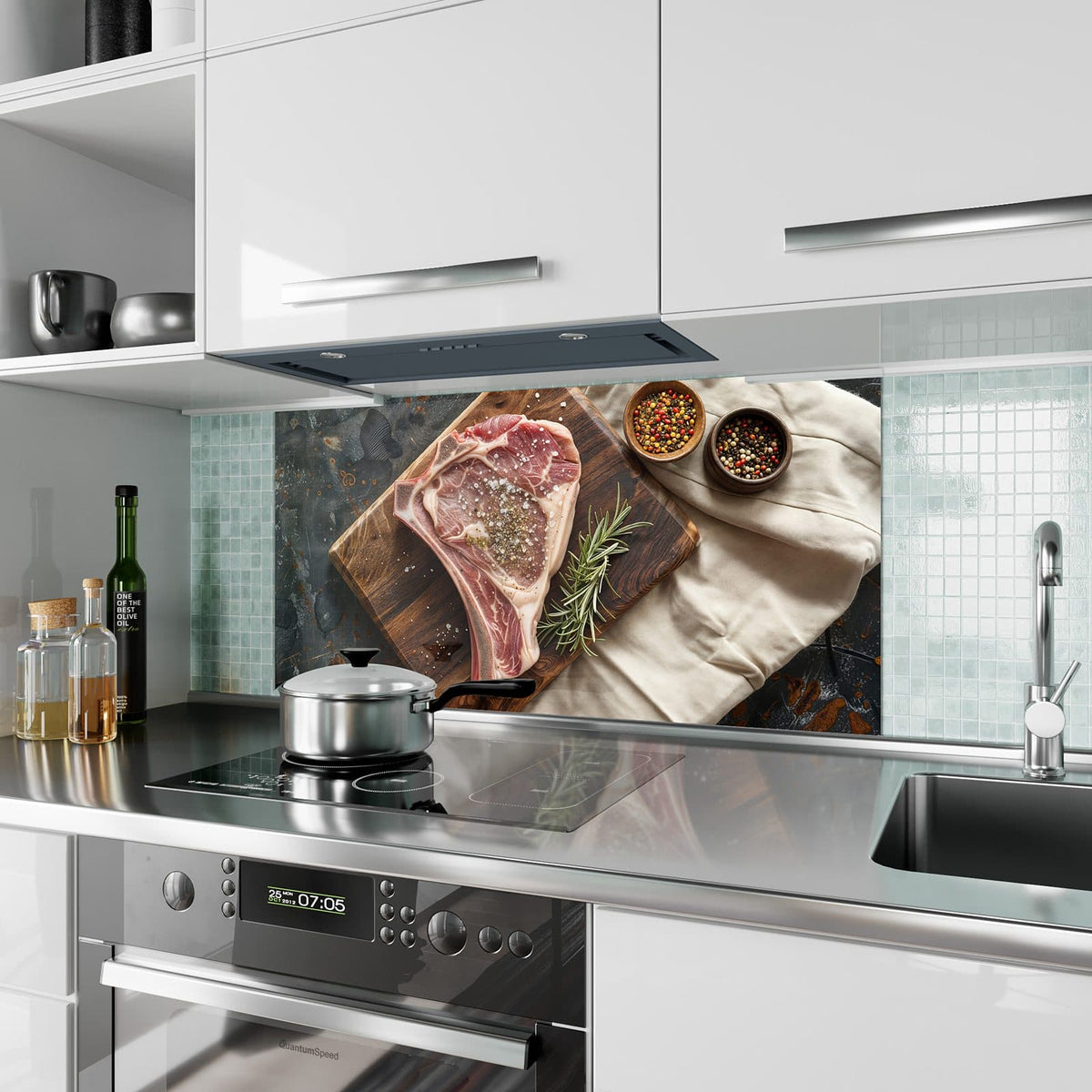 Küchenrückwand aus Glas Rohes Steak auf Holz im Hochformat als Spritzschutz hinter dem Kochfeld, über dem Fliesenspiegel montiert
