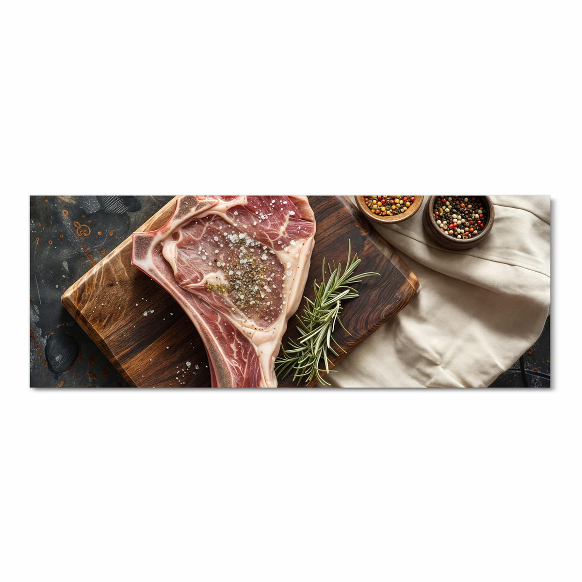 Geräuschdämpfender Bodenläufer mit Motiv Steakauf Holzbrett in Frontansicht