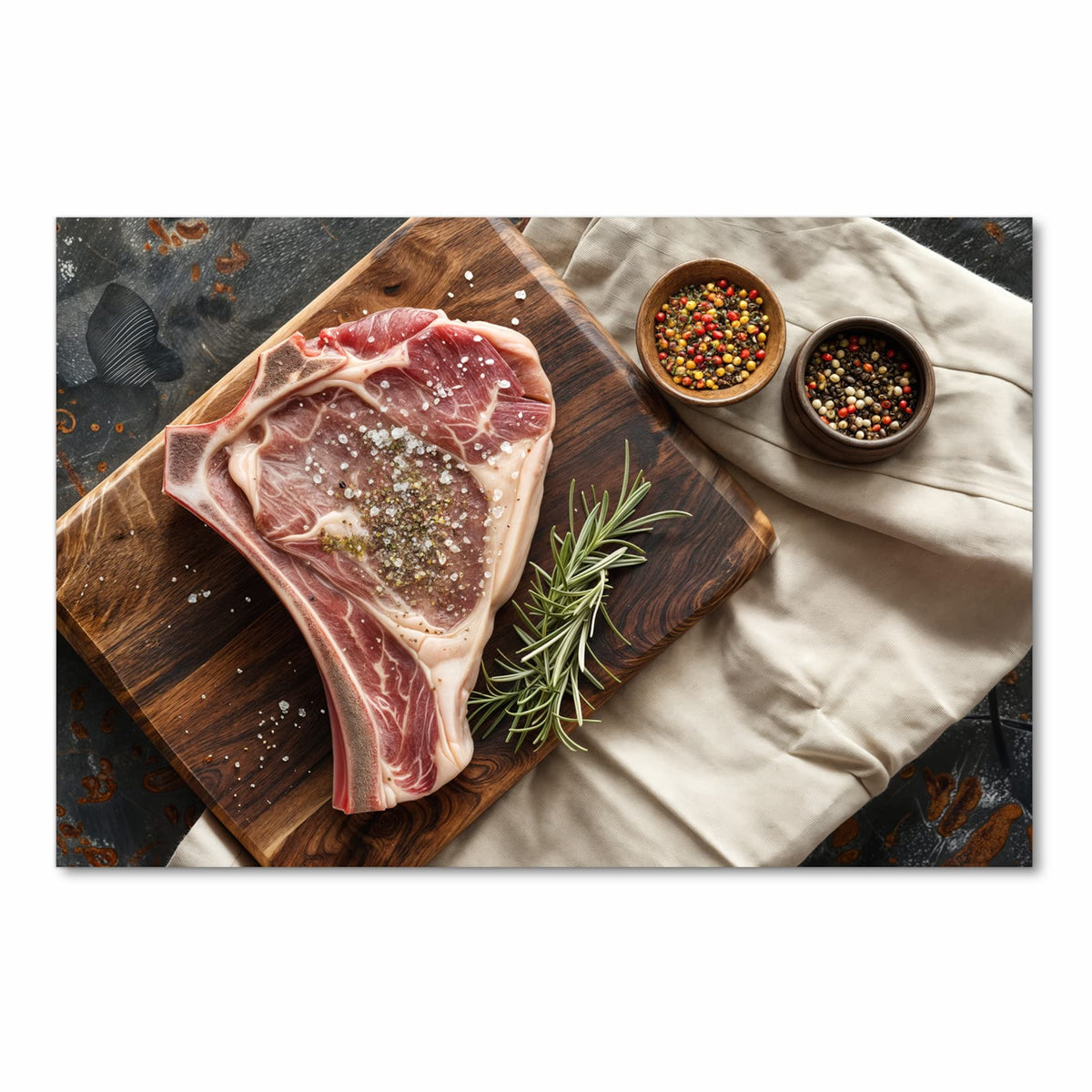 Farbbeständiger dünner Küchenteppich mit Motiv Steakauf Holzbrett in Frontansicht, waschbar