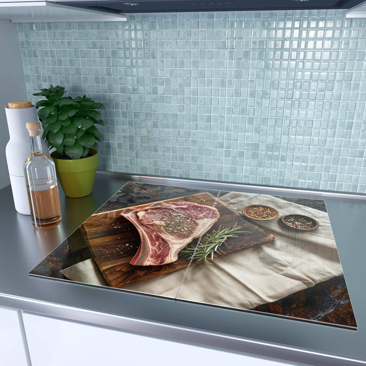 Sechs Aufgaben, eine Platte – Herdabdeckplatte Rohes Steak auf Holz