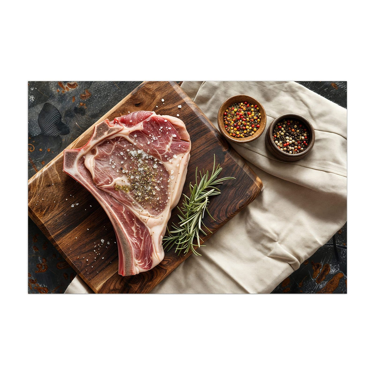 Küchenrückwand aus Glas Rohes Steak auf Holz im Hochformat, Motiv bildfüllend von vorn