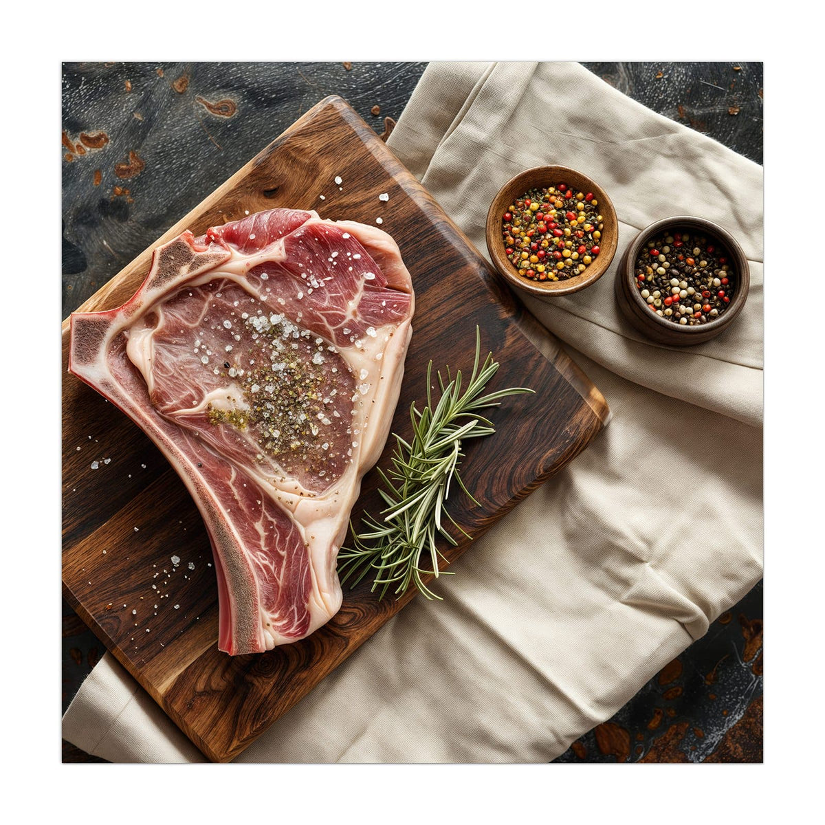 Küchenrückwand aus Glas Rohes Steak auf Holz im quadratischen Format, Motiv bildfüllend von vorn