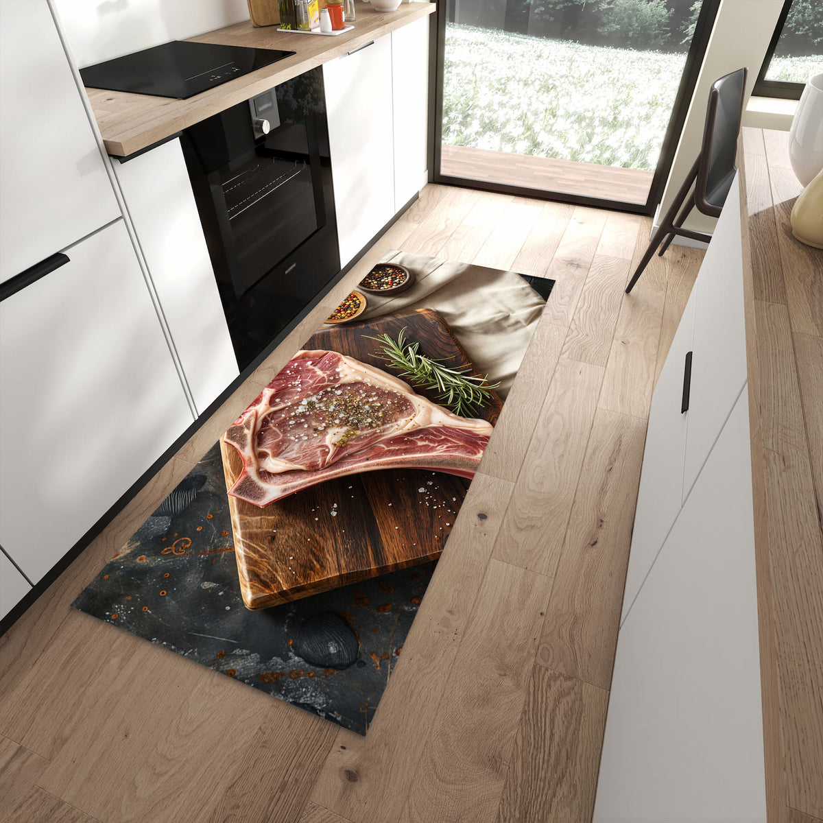 Flacher Küchenteppich mit Motiv Steakauf Holzbrett in moderner Küche - waschbar