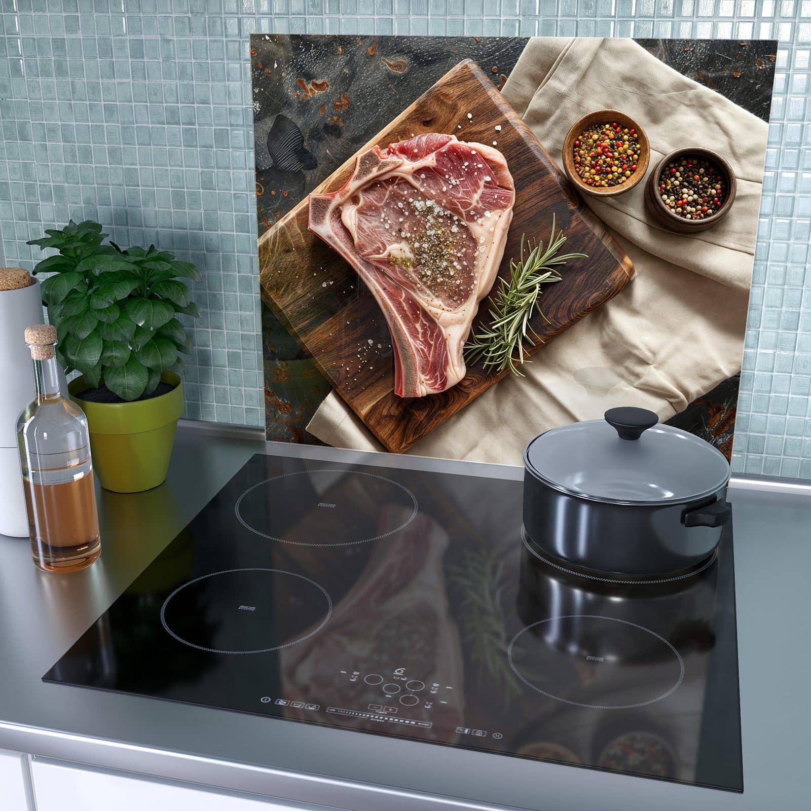 1-teilige Herd Schutzplatte mit Steakauf Holzbrett-Motiv als Spritzschutz hinter dem Kochfeld
