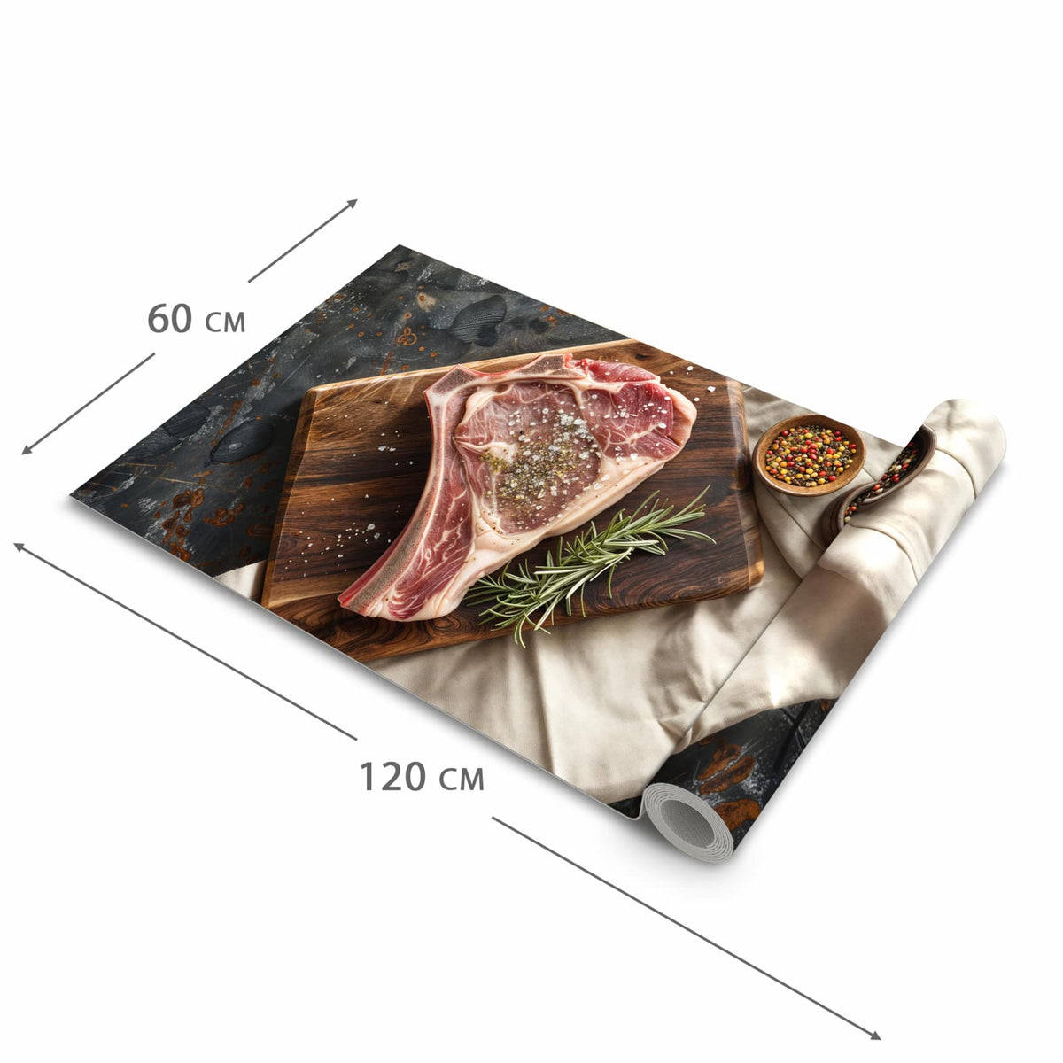 Abriebfester Küchenläufer mit Motiv Steakauf Holzbrett in der Grösse 80x250 cm