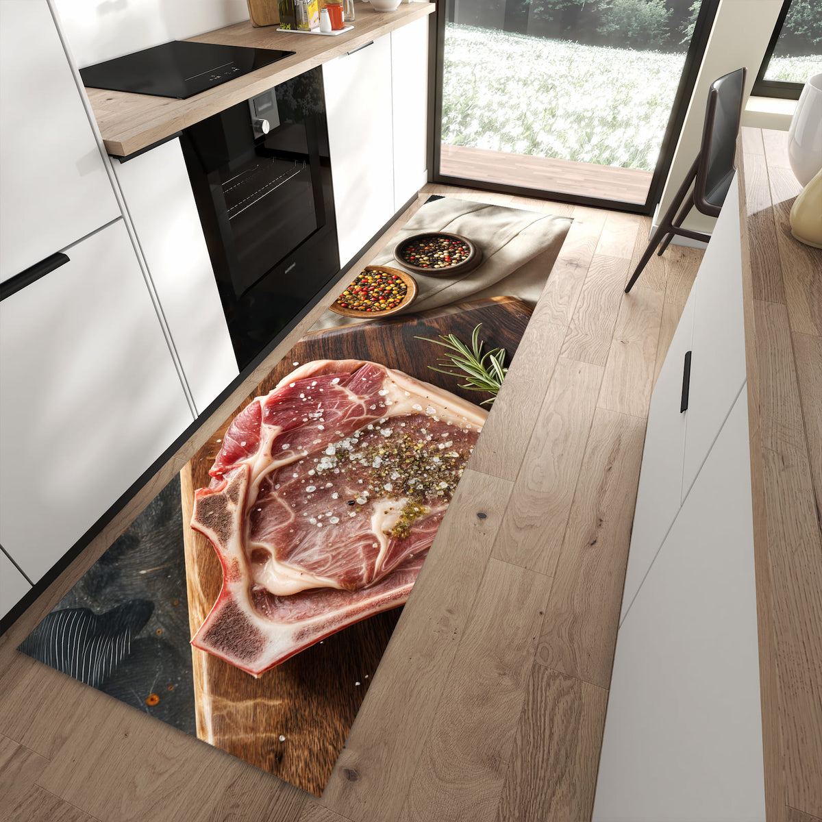 Komfortabler großer Küchenteppich mit Motiv Steakauf Holzbrett in moderner Küche