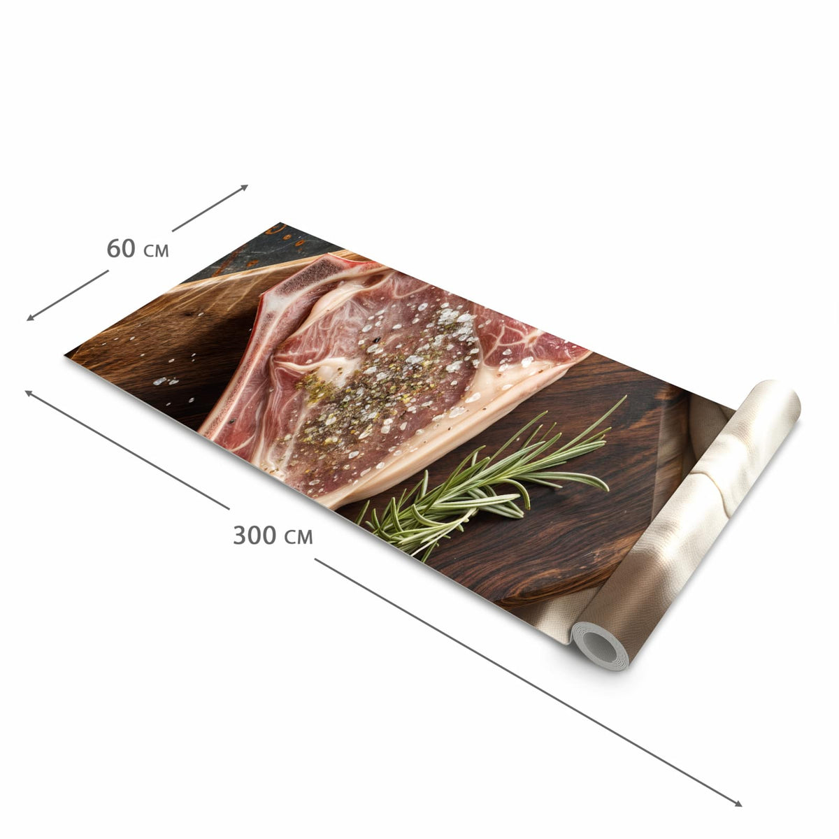 Schmutzabweisender Teppichläufer für die Küche mit Motiv Steakauf Holzbrett in der Grösse 80x250 cm