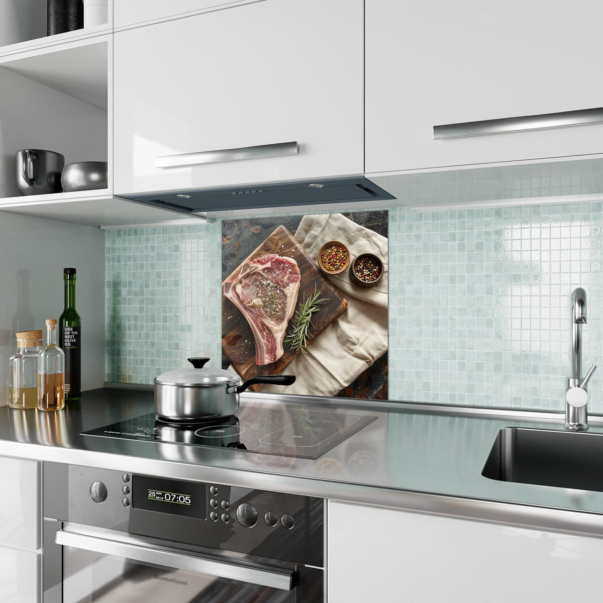 Küchenrückwand aus Glas Rohes Steak auf Holz im quadratischen Format als Spritzschutz hinter dem Kochfeld, über dem Fliesenspiegel montiert