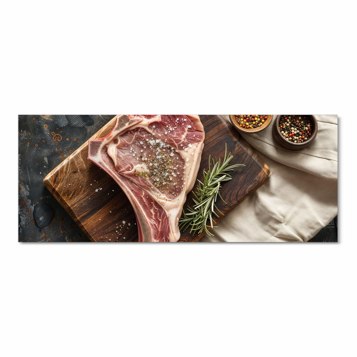 Rutschfester langer Teppich für Flur mit Motiv Steakauf Holzbrett in Frontansicht