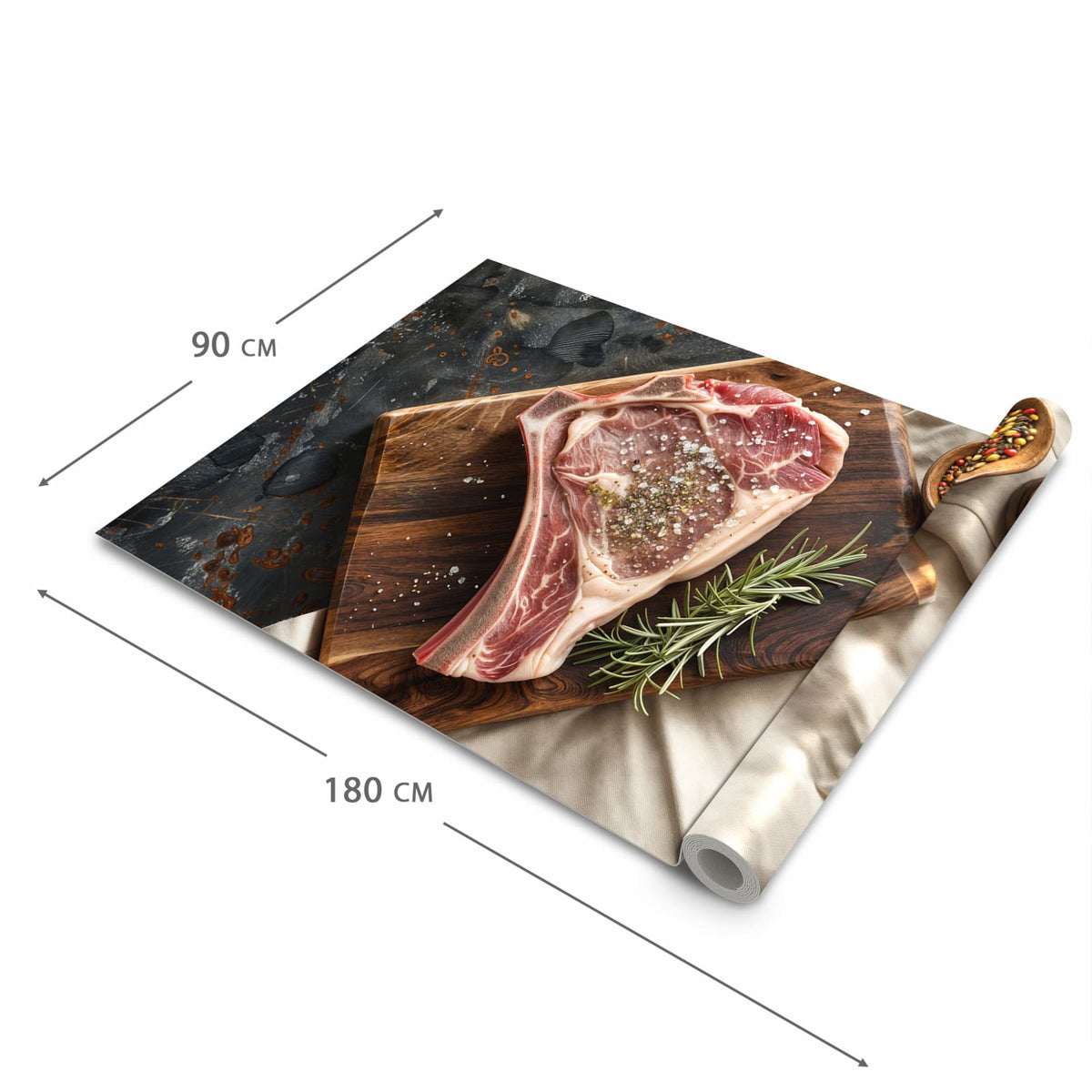 Rutschhemmender dünner Teppich mit Motiv Steakauf Holzbrett in der Grösse 80x250 cm