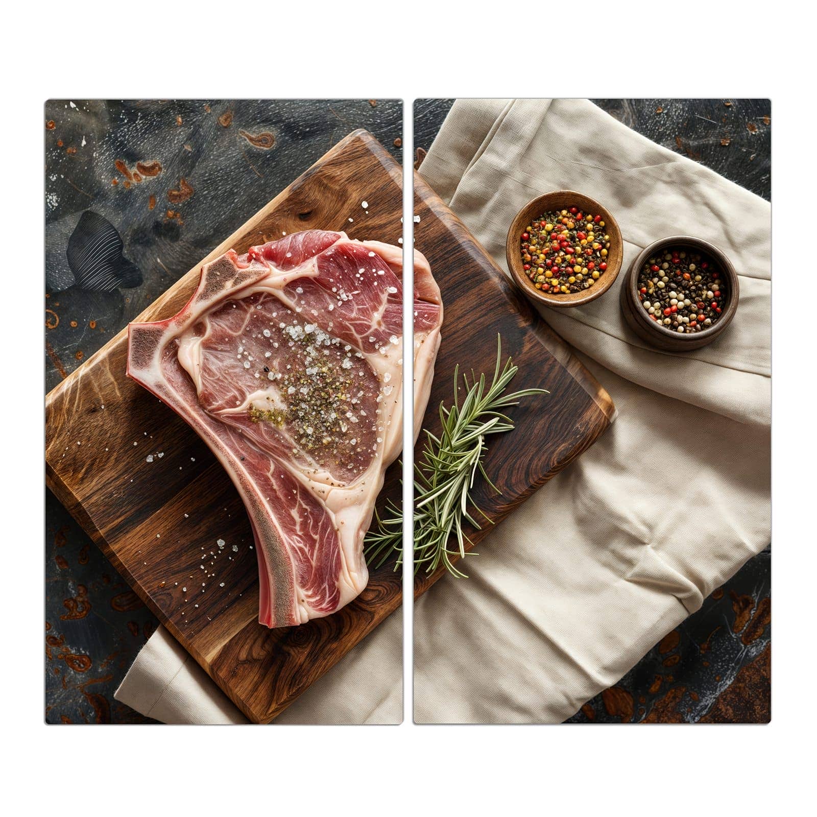 2-teilige Abdeckplatten für Ceranfeld mit Steakauf Holzbrett-Motiv in der Frontansicht #grösse_2-Teilig (60x52cm)
