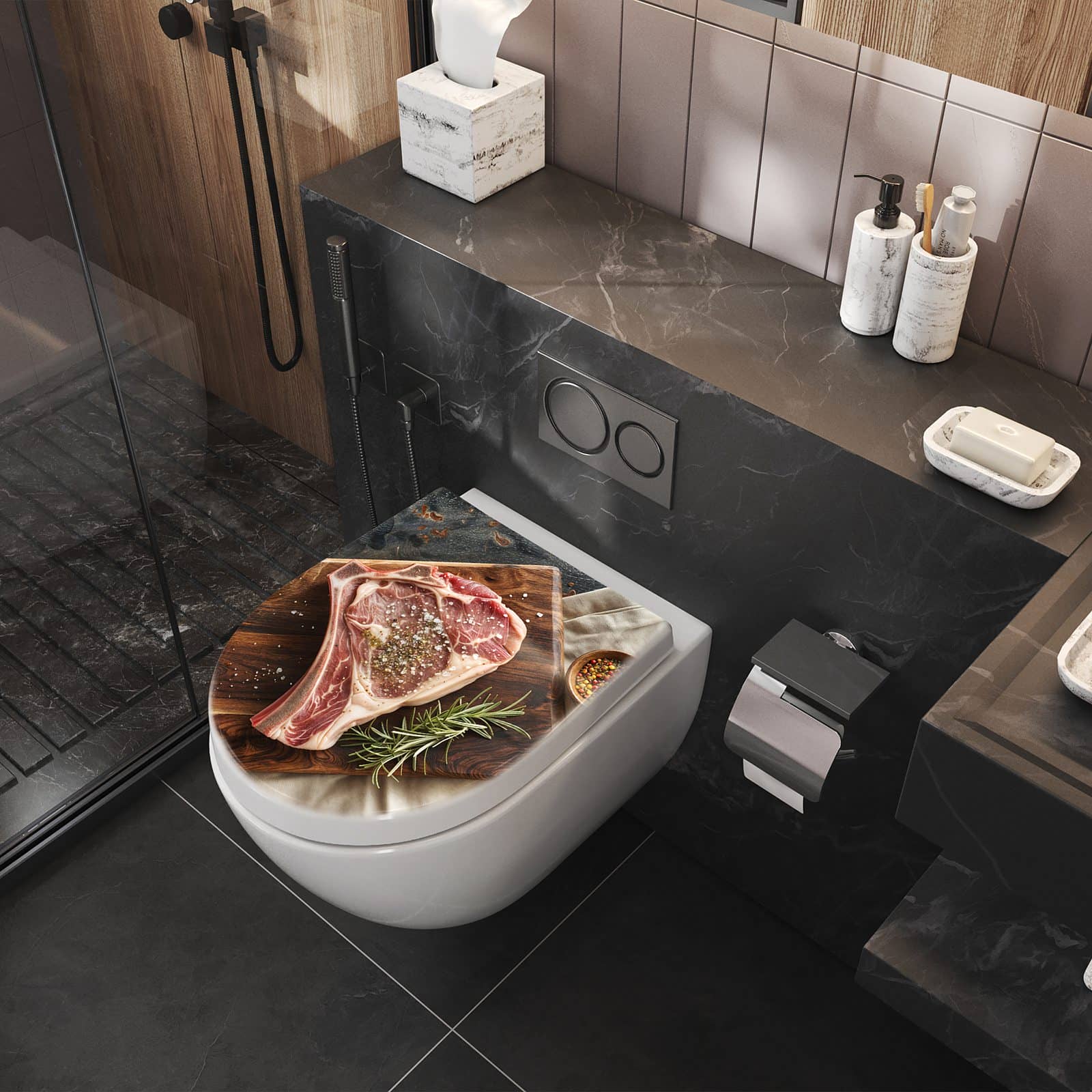 WC-Sitz mit Absenkautomatik Steakauf Holzbrett