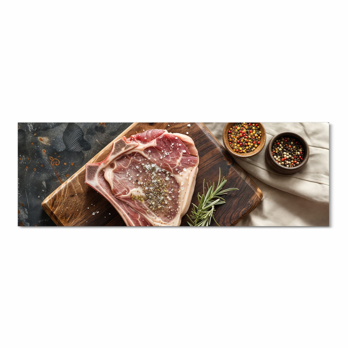 Feuchtigkeitsresistenter Läufer für Eingangsbereich mit Motiv Steakauf Holzbrett in Frontansicht