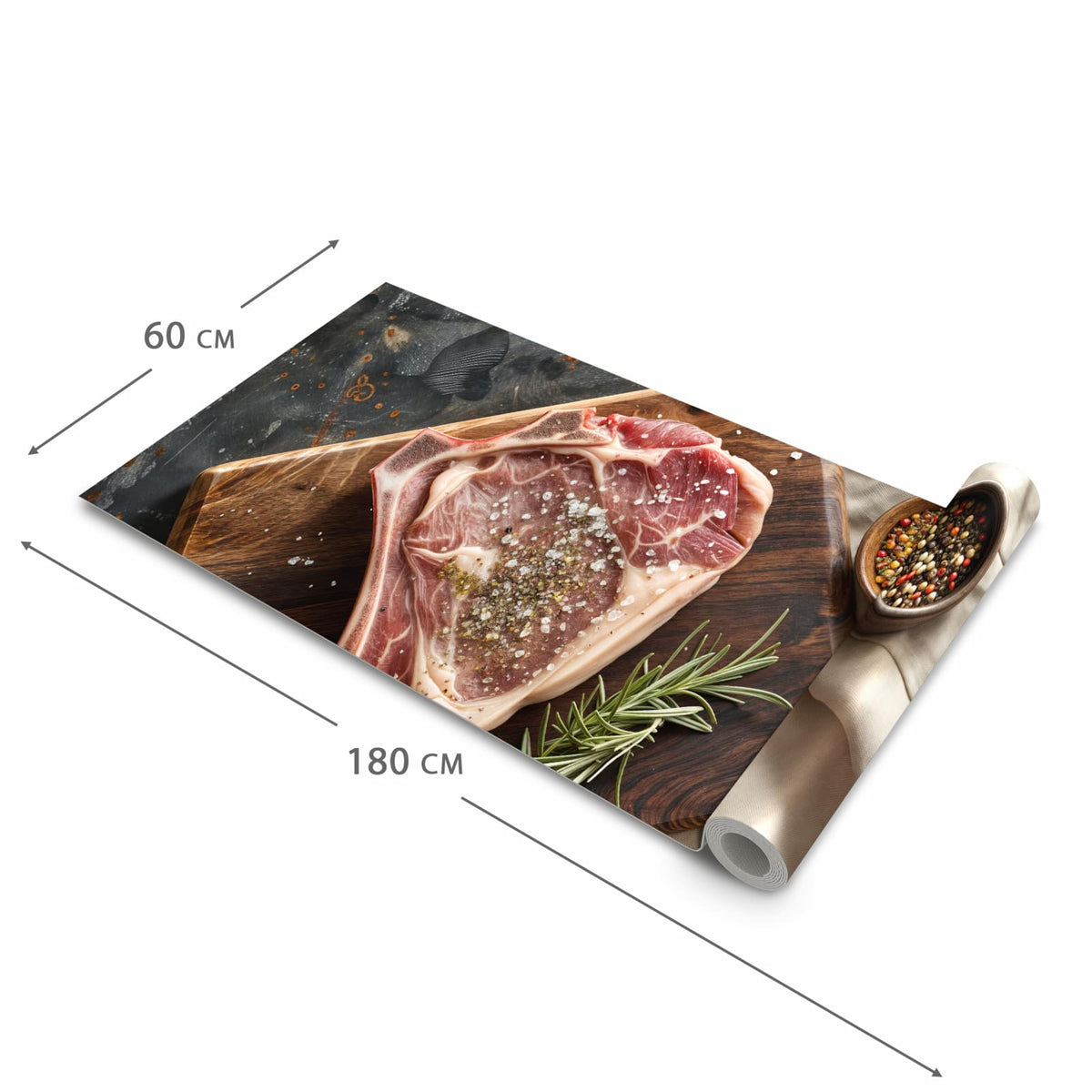 Waschbarer Küchenteppich mit Motiv Steakauf Holzbrett in der Größe 80x250 cm für Trittkomfort